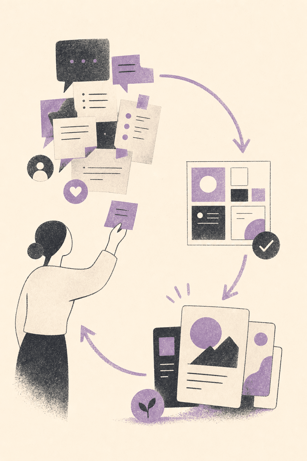 Faceless figure feeding notes into a feedback loop that turns into cleaner marketplace cards in a Risograph-style editorial illustration.