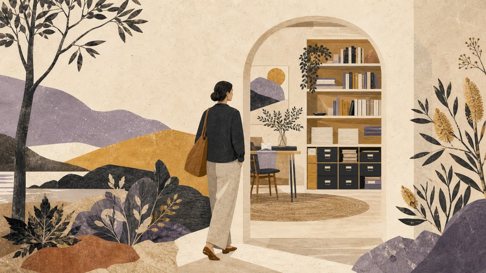 Illustrated clinician returning to an organised psychology resource library