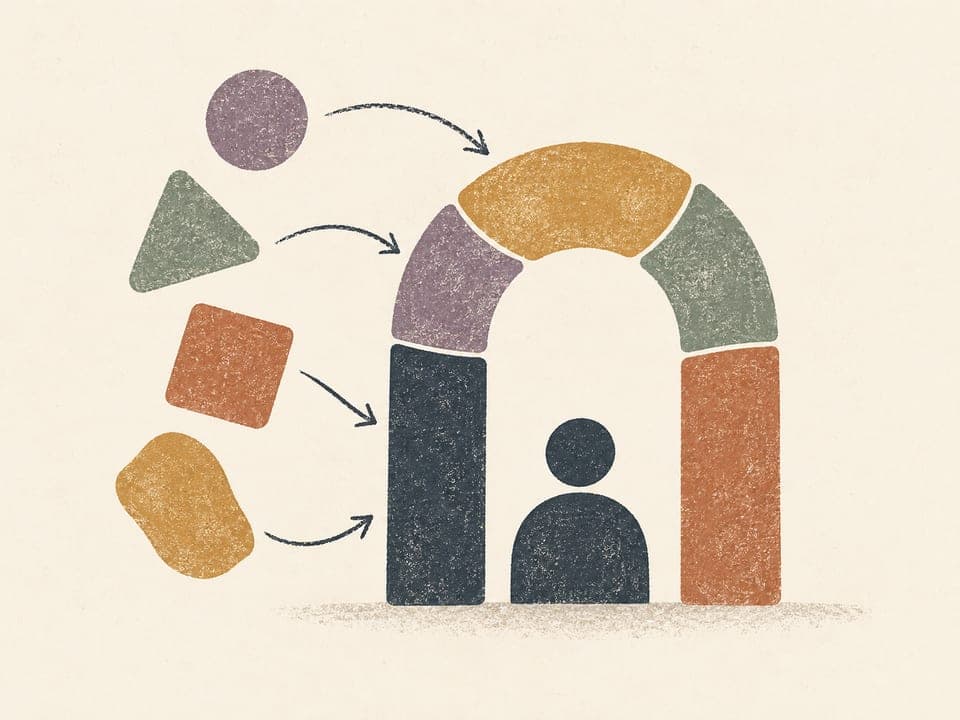 Abstract layered forms suggesting evidence gathered into a clear report