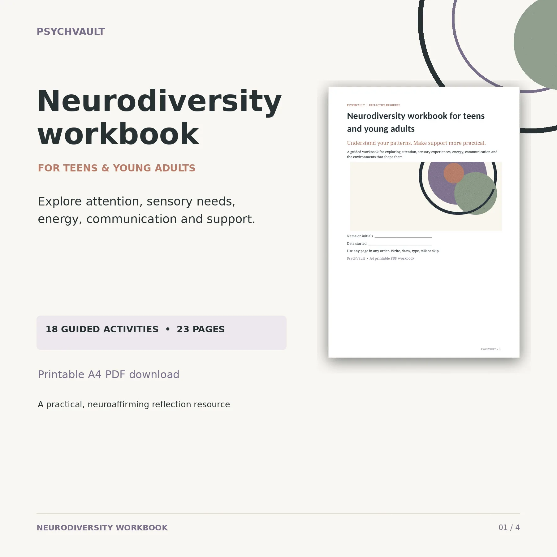 Cover of the Neurodiversity Workbook for Teens and Young Adults, a printable A4 PDF with 18 guided activities.