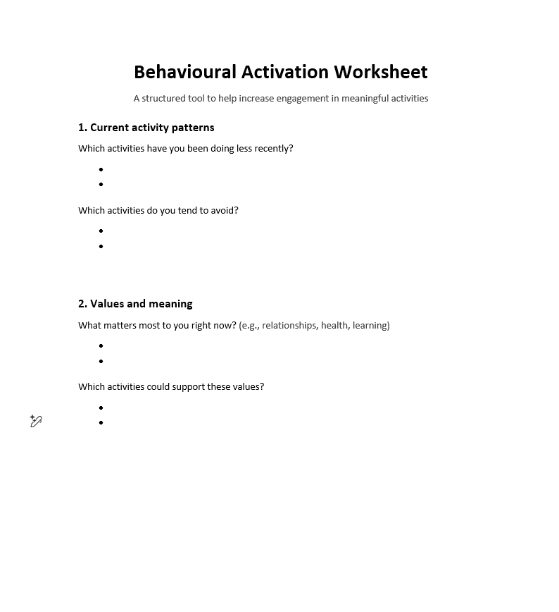 Behavioural Activation Worksheet.pdf Behavioural Activation Planner: A Practical Worksheet for Rebuilding ...