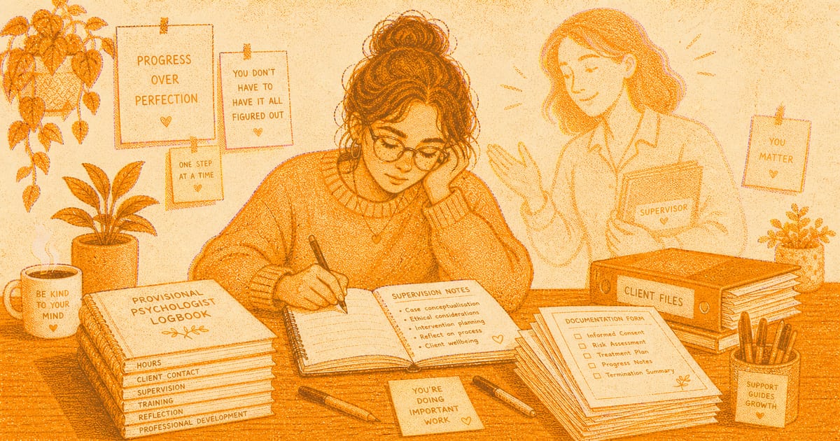 Provisional psychologist at desk surrounded by logbooks and documentation with a supportive supervisor figure in the background