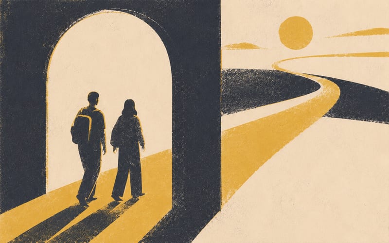 Abstract figures beginning a journey with pathway ahead, suggesting entry and new beginnings