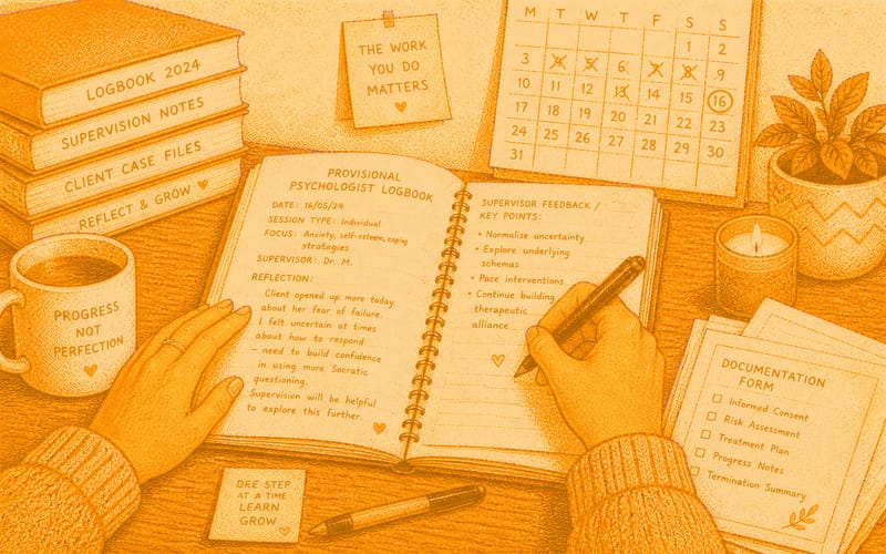 Close-up of hands writing reflective notes in a logbook, with pages stacking and a sense of thoughtful overwhelm