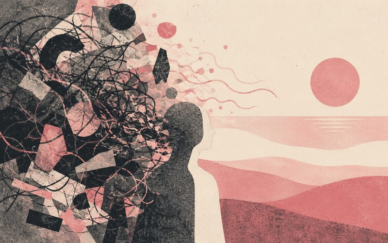 Abstract visualization transforming from chaos and overwhelm to calm clarity and resolution