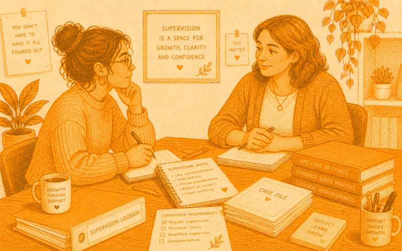 Two psychologists in a supervision session with case files, showing active listening and collaboration