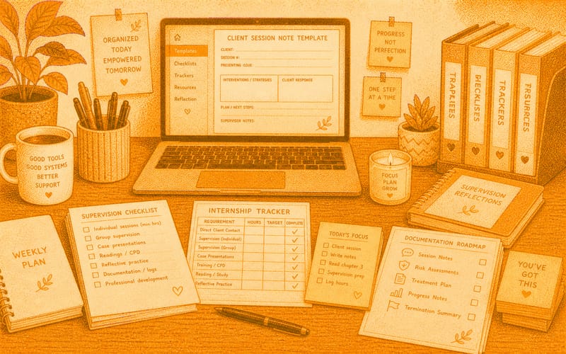 Organized workspace with templates, checklists, and organizational systems showing calm, clear tools supporting professional work