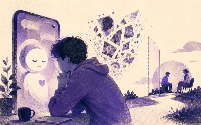 Young person leaning toward a companion-style chatbot while privacy shards and human support boundaries sit further back, Risograph editorial illustration in violet and charcoal on warm cream, 16:10 landscape