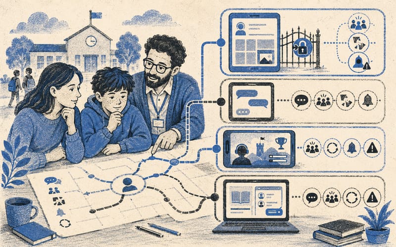 Family and school decision map comparing age-restricted platforms with messaging, gaming, and education apps that still carry social risk, Risograph editorial illustration in dusty blue and charcoal on warm cream, 16:10 landscape