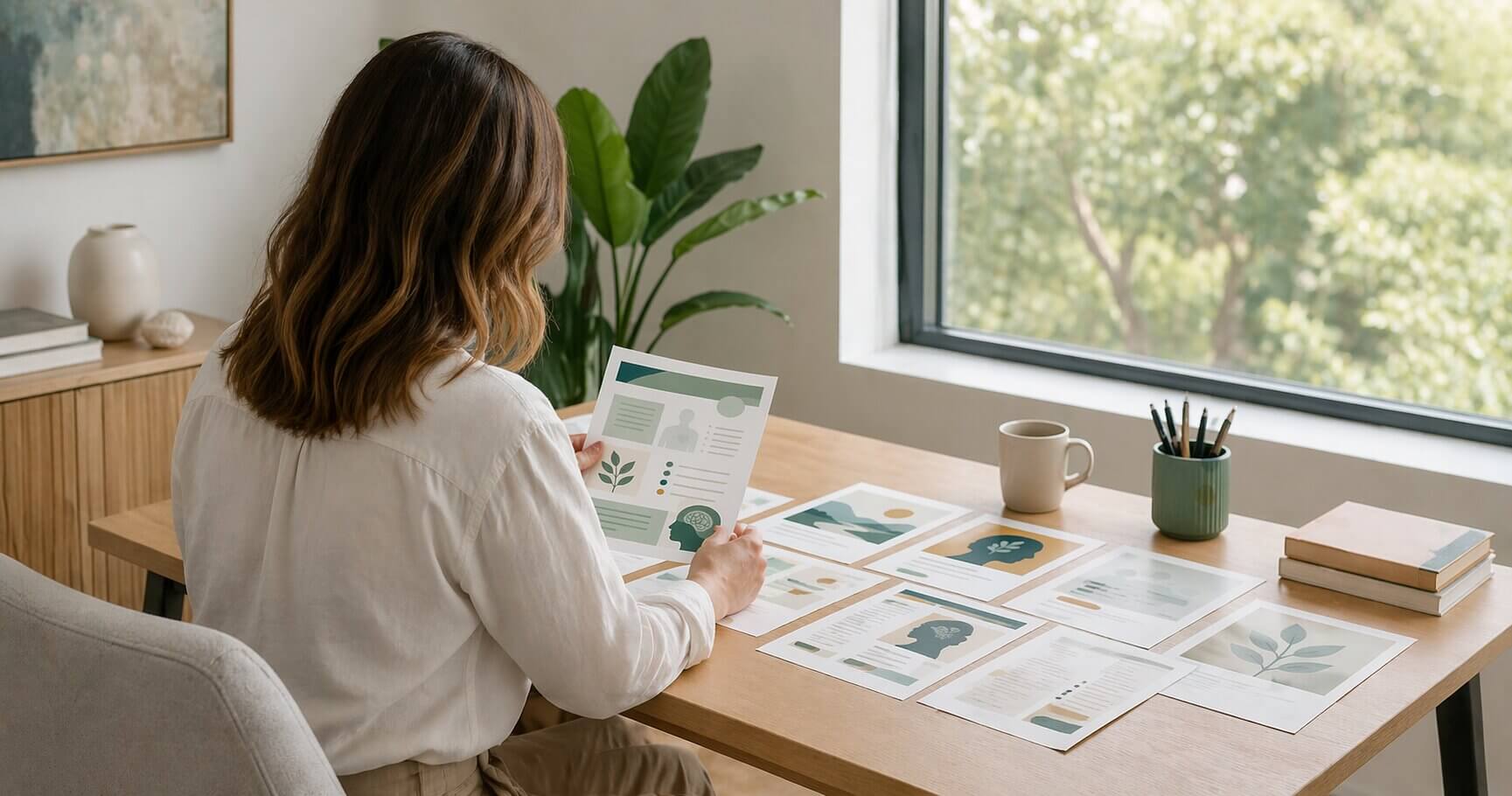 Australian psychologist reviewing clinical resources at a bright desk