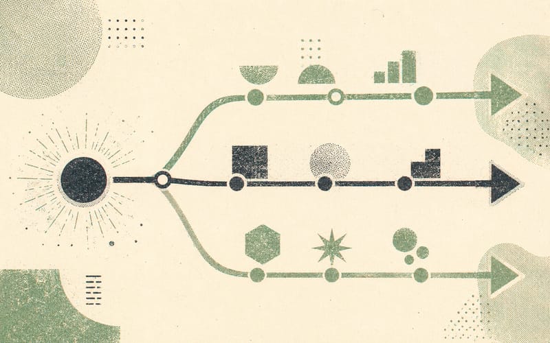 Abstract faceless figure facing a spread of program cards across a map-like field, representing the uneven distribution of psychology postgraduate options across Australia â€” Risograph two-colour flat print, terracotta and charcoal on cream