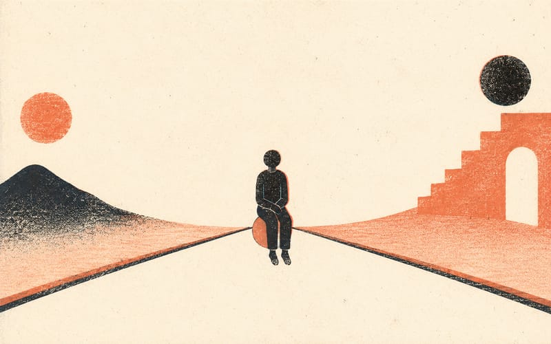 Abstract faceless figure seated calmly beside a tall vertical stack of overlapping geometric forms, representing structured uncertainty and patient waiting — Risograph two-colour flat print, terracotta and charcoal on cream