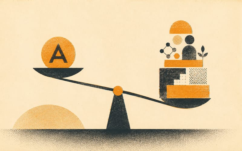 Abstract faceless figure at a desk with a single document and multiple diverging arrows of different sizes spreading outward, suggesting that academic grades are one factor among many in postgraduate selection — Risograph two-colour flat print, terracotta and charcoal on cream