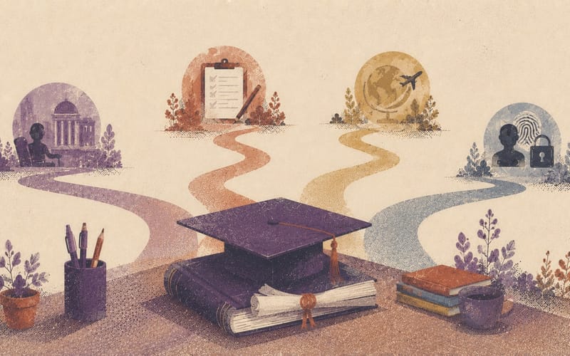 Beyond-the-degree still life showing graduation as one endpoint and multiple regulatory pathways continuing outward