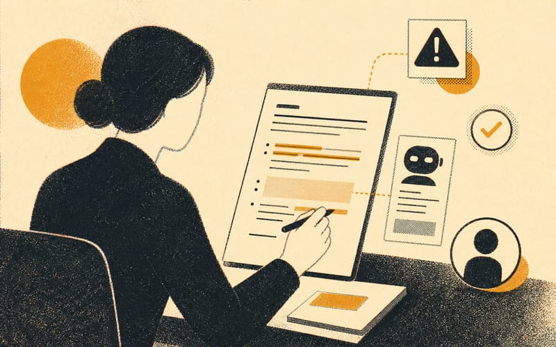 A clinician marking up an AI-generated session note with risk, accuracy, and scope checkpoints
