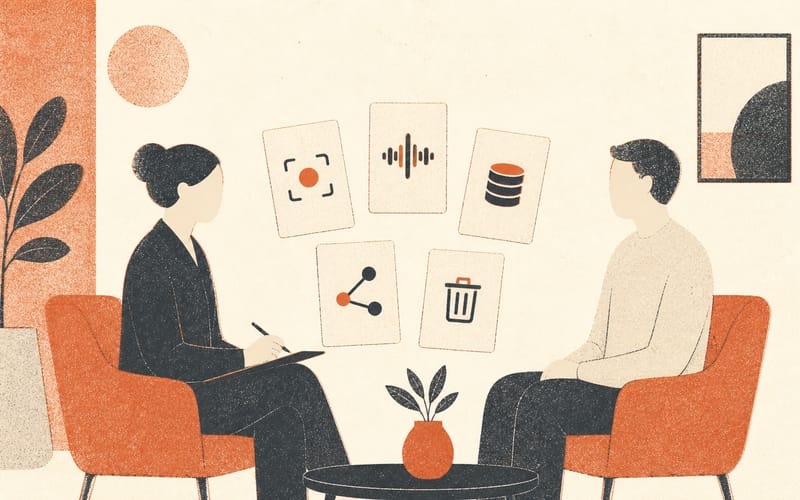 A consent conversation with separate cards for recording, transcript, storage, and human review
