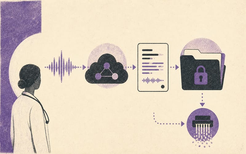 A sparse data-flow diagram showing audio, transcript, cloud vendor, practice record, and deletion checkpoints