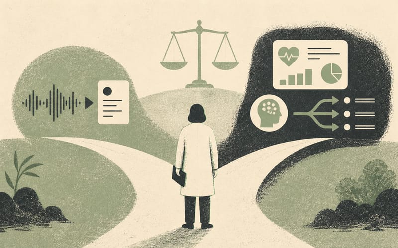 A clinician standing between a transcription-only lane and a clinical recommendation lane