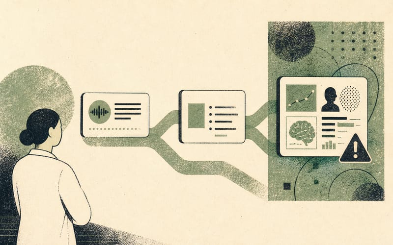 A branching map of AI scribe functions moving from transcription to clinical analysis