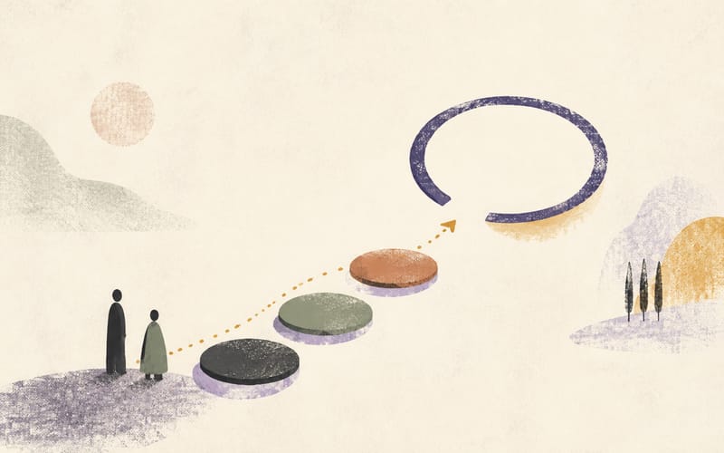 Two small figures beside a short sequence of stepping stones leading to a review circle, representing an agreed treatment priority