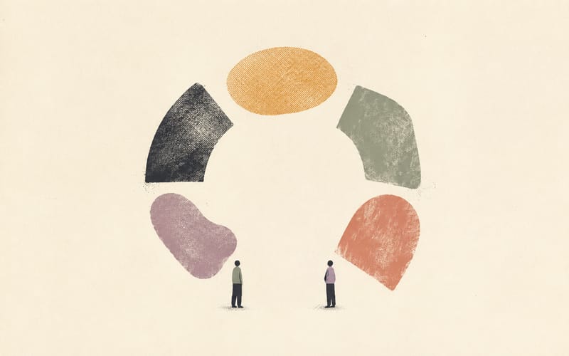 Two figures standing around an open circular sequence that loops back to its beginning, representing collaborative review and revision