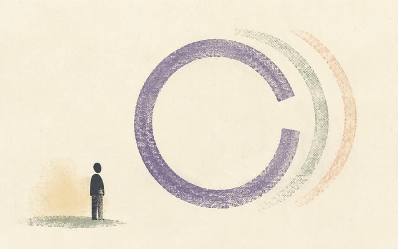 A tiny figure beside an incomplete ring with several possible paths, representing a formulation that remains open to revision