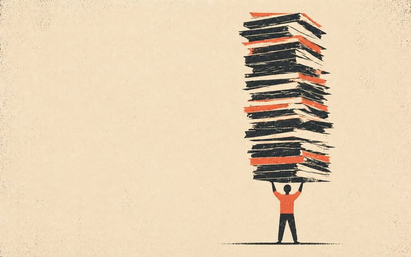 A provisional psychologist sitting with a large stack of administrative paperwork, looking uncertain