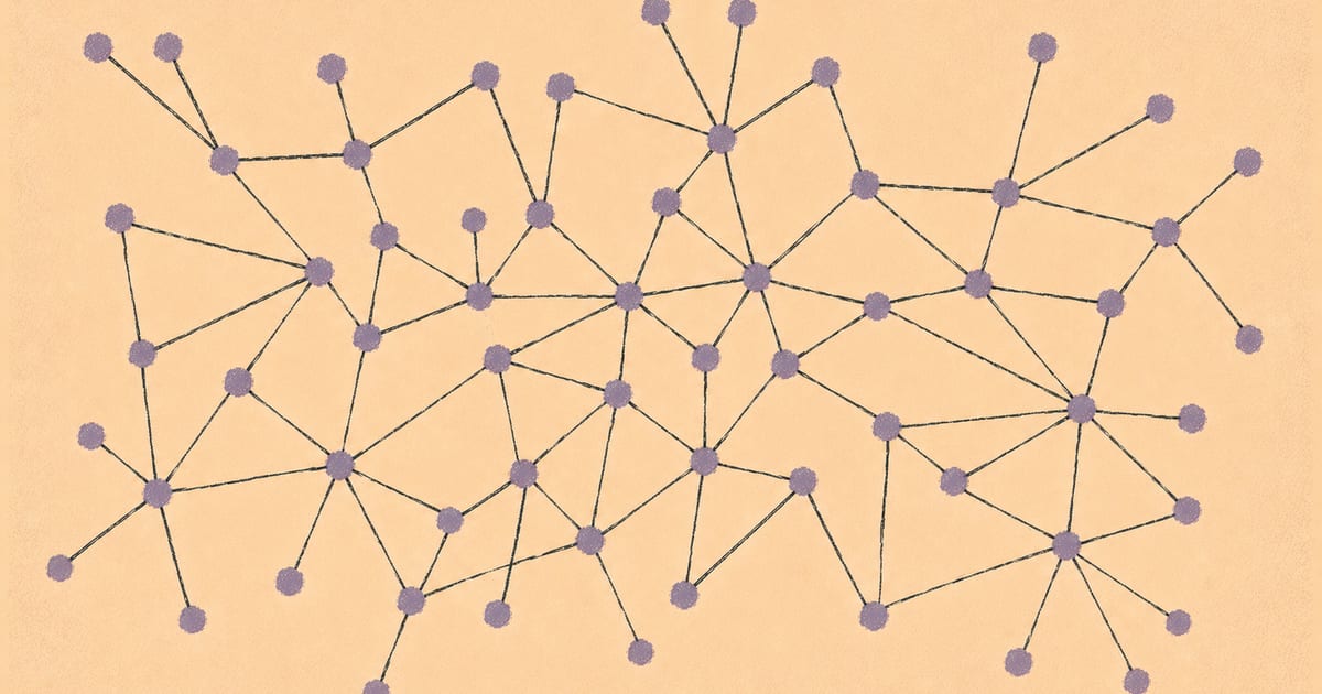 Dense network of geometric nodes and pathways suggesting neural connectivity, Risograph in dusty violet and charcoal on cream
