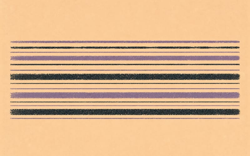 Hospital corridor abstracted as geometric lines — neuropsychology work settings, Risograph dusty violet and charcoal on cream