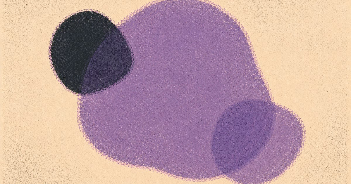 Abstract overlapping forms suggesting clinical depth and assessment layers, Risograph in dusty violet and charcoal on cream