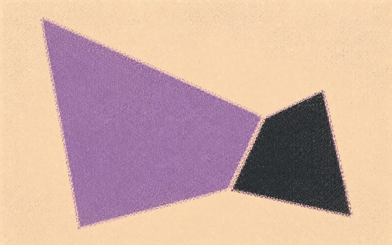 Two geometric forms converging at a single point, suggesting supervised practice alignment, Risograph dusty violet and charcoal on cream