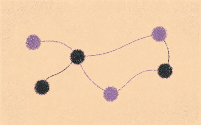 Abstract clinical work setting represented as interconnected circles on a horizontal plane, Risograph dusty violet and charcoal on cream