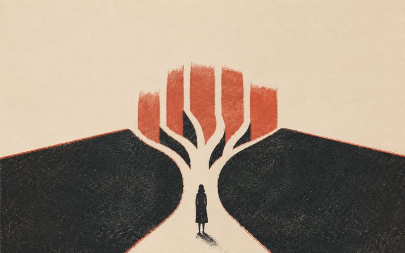 A figure facing branching paths that close in around them, suggesting that disagreement leads to consequences rather than free choice