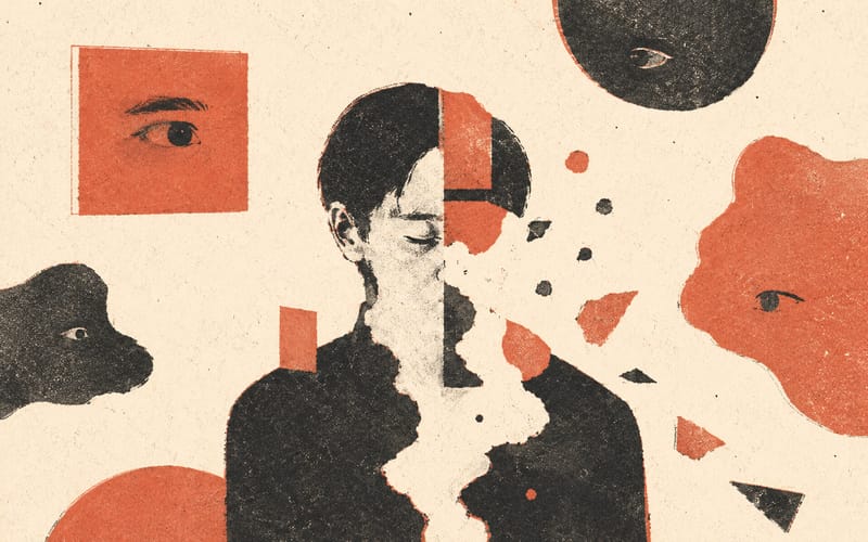 A figure split by fragmented shapes and watchful forms, suggesting confusion, surveillance, and erosion of self-trust