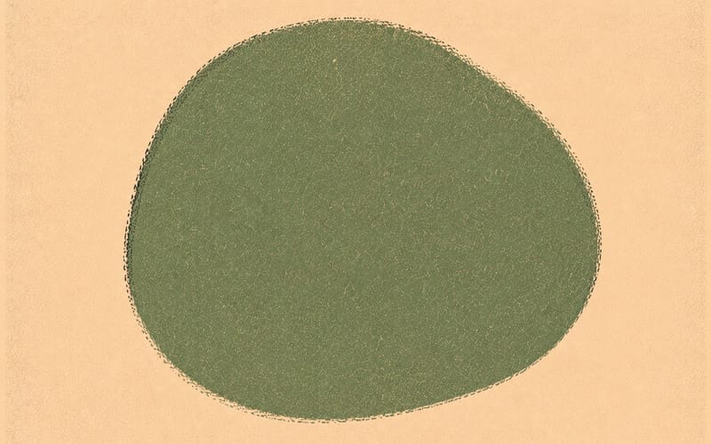 Organic sage green form suggesting growth and person-centred orientation, Risograph misregistration on cream