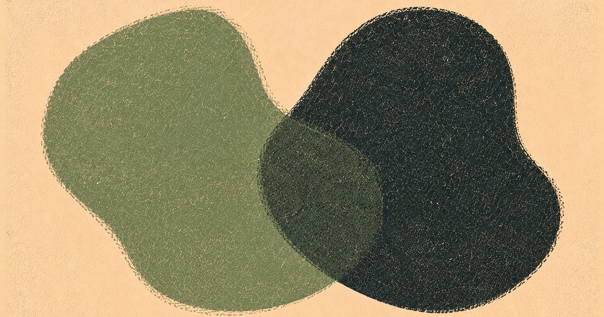 Abstract form of two shapes in close proximity — relational and humanistic composition, Risograph in sage green and charcoal on cream