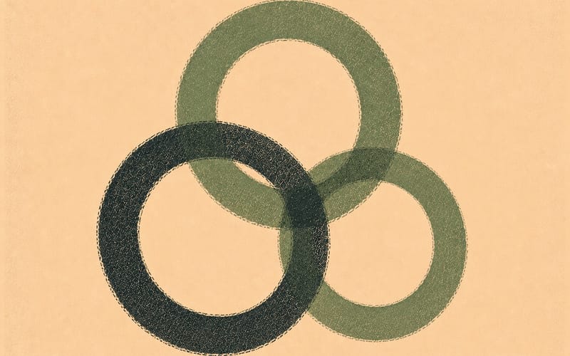 Interlocking circular forms in sage green and charcoal — program and practice connection, Risograph on cream