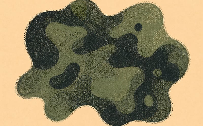 Sage green organic relational form suggesting therapeutic presence and depth, Risograph zine aesthetic on cream
