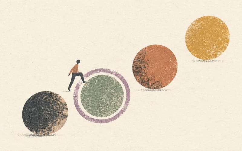 A student crossing four abstract stages, with the fourth-year threshold held inside a larger ring