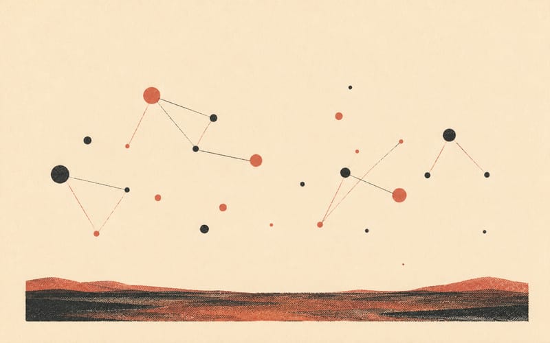 A risograph illustration of an abstract network of small connected dots and lines across a minimal landscape, some nodes larger than others, suggesting a small professional community with overlapping relationships, flat terracotta and deep charcoal ink on cream with visible halftone grain and riso ink bleed