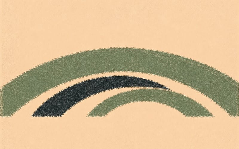 Overlapping lifespan arc forms in sage green and charcoal, flat Risograph composition on cream