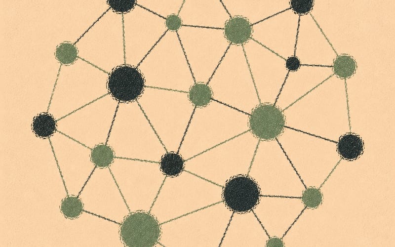 Abstract educational and developmental setting represented as a web of nodes, Risograph sage green and charcoal on cream