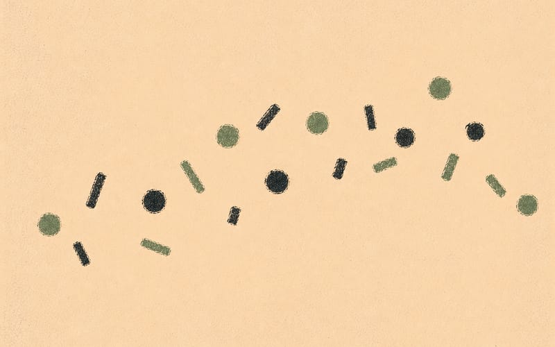 Scattered geometric nodes suggesting developmental milestones across a timeline, Risograph sage green and charcoal on cream
