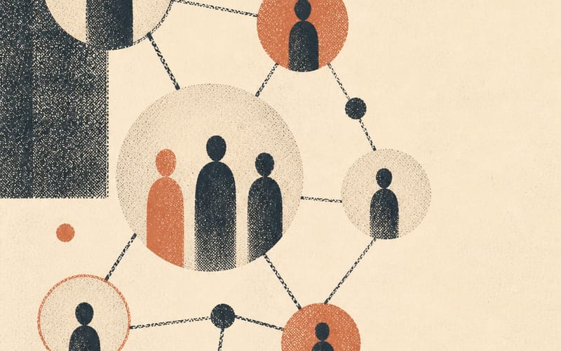 Interconnected figures representing networks and community, sage and terracotta tones, halftone grain visible