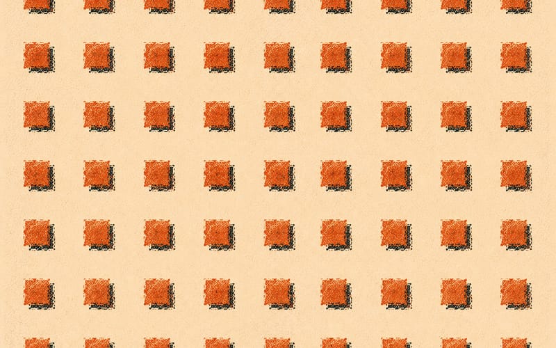 Abstract grid of terracotta assessment marks — systematic evaluation represented geometrically, Risograph on cream