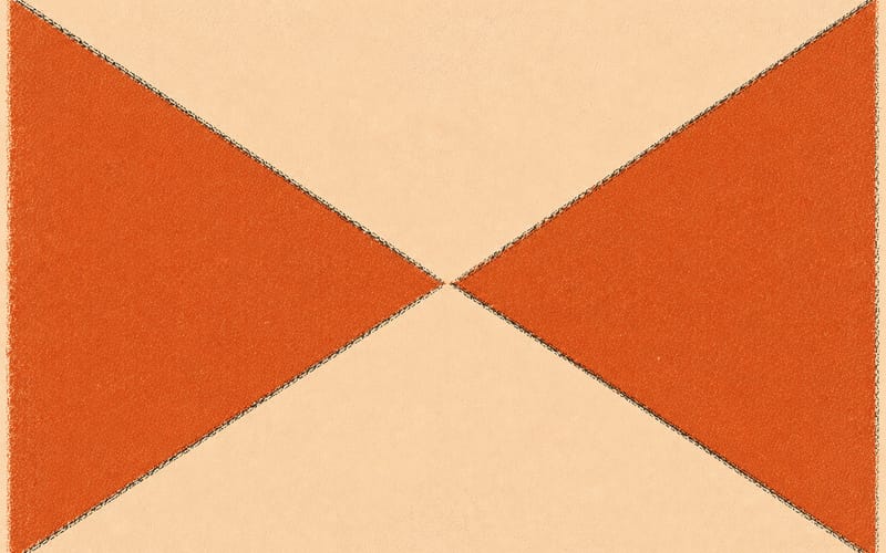 Two angular terracotta forms in sharp opposition on a cream field, Risograph misregistration and grain