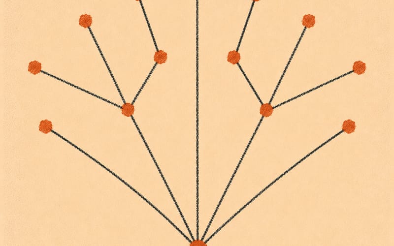 Terracotta and charcoal branching structure — multiple forensic pathways diverging from a single base point, Risograph on cream