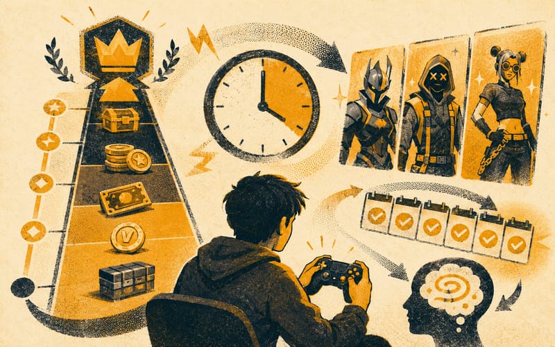 Season reward ladder, clock pressure, exclusive skins, and repeat-login cues wrapped around a game controller, Risograph editorial illustration in amber and charcoal on warm cream, 16:10 landscape
