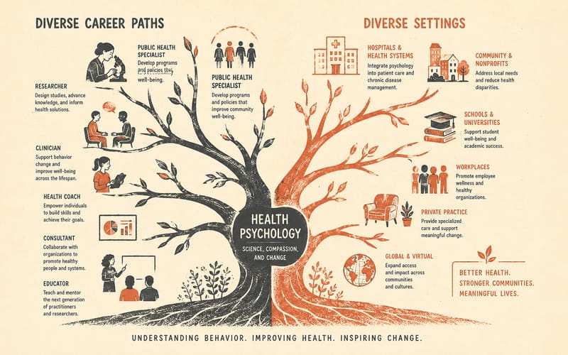 Terracotta and charcoal branching structure — health psychology career and setting diversity, Risograph on cream