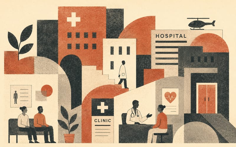 Abstract geometric medical setting — hospital and clinic forms in terracotta and charcoal, Risograph on cream